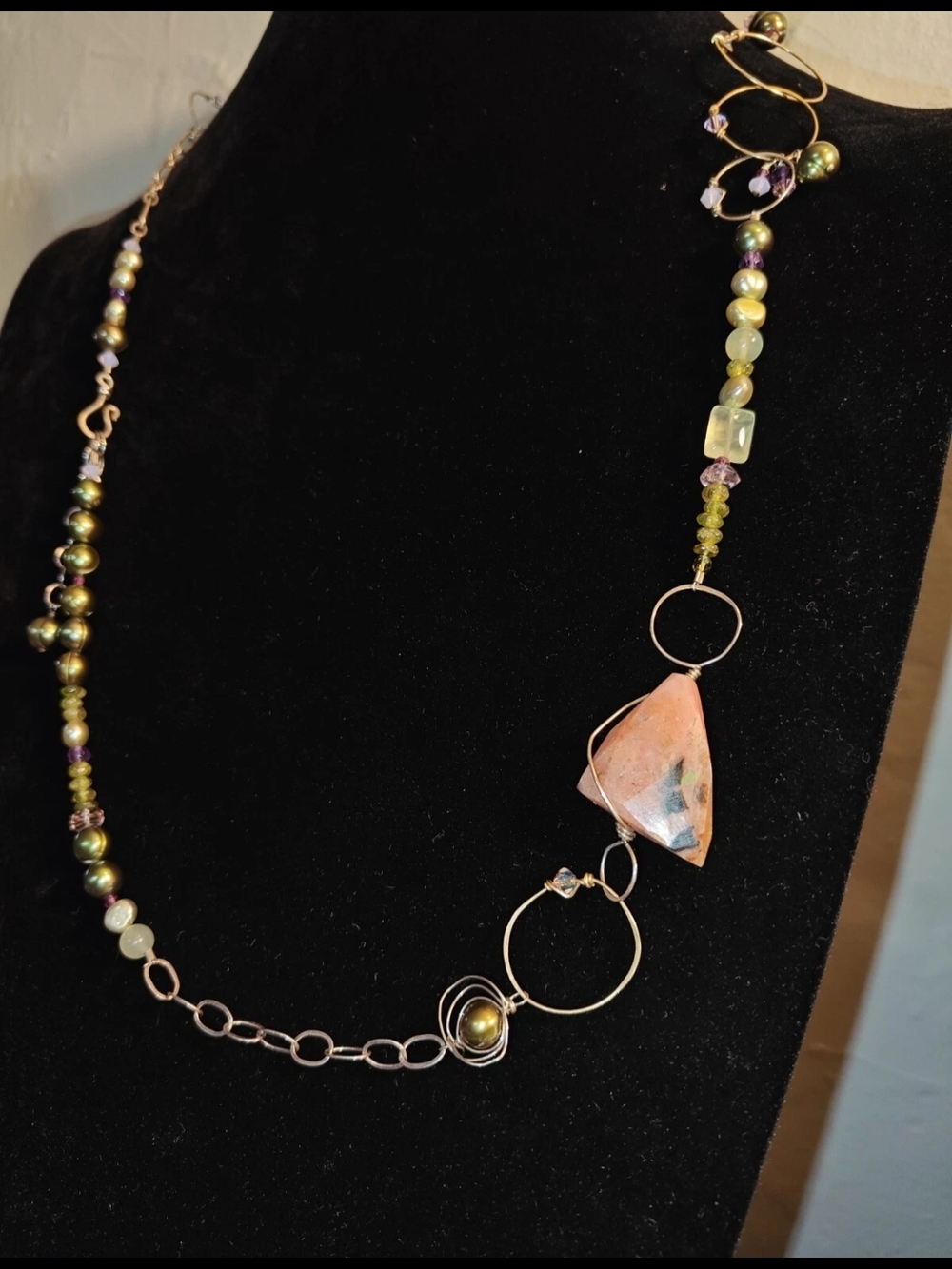 Rhodochrosite, Amethyst, Freshwater Pearl, Peridot Aventurine Necklace